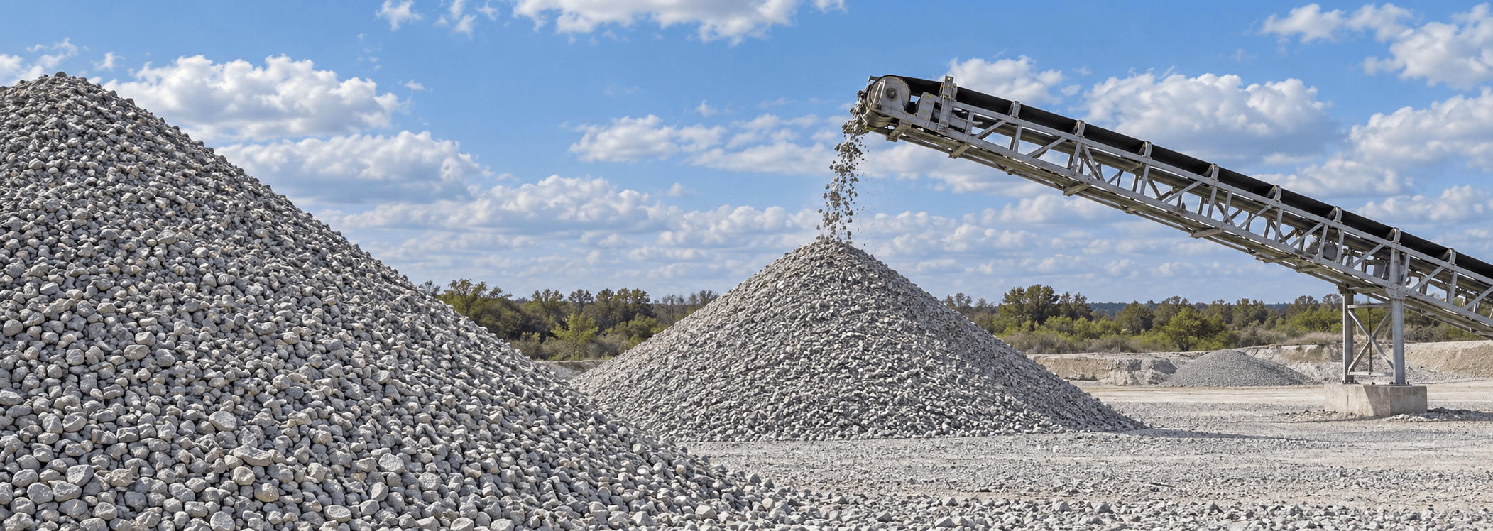 Illustrative scene of crushed stone piles and an aggregate conveyor under a blue sky.
