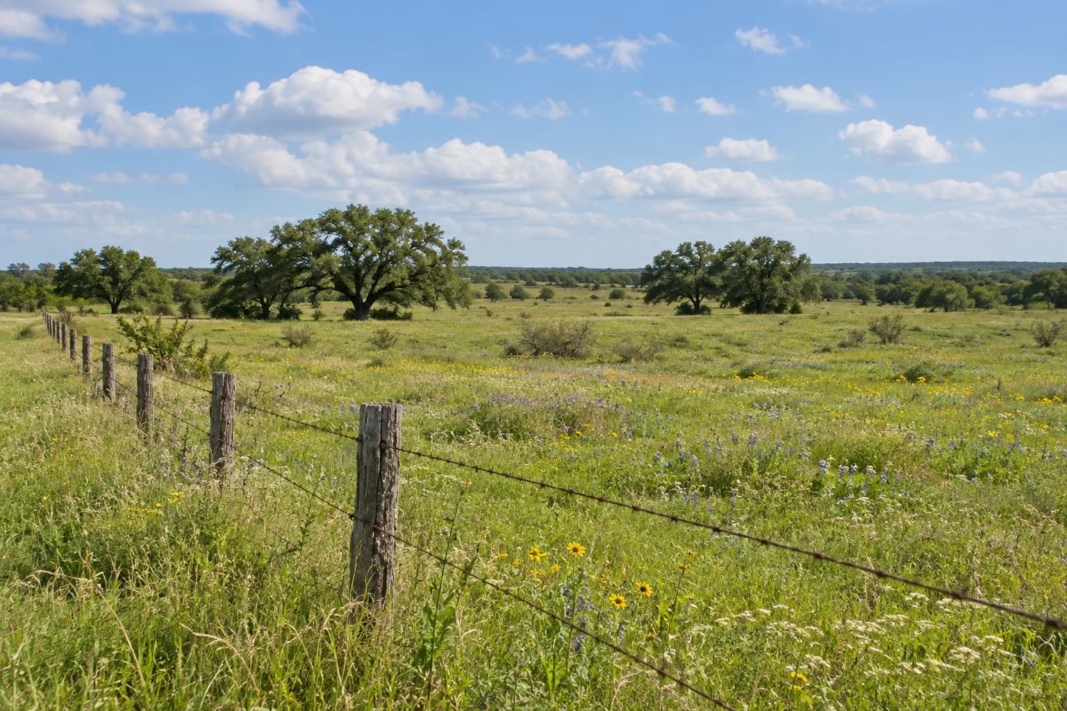 Open Texas prairie with native grasses, scattered oak trees, and a ranch fence.